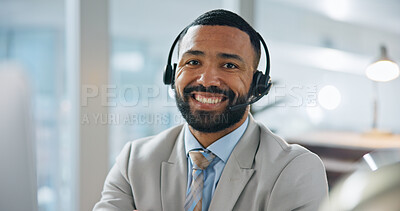 Buy stock photo Portrait, man and headset in office at call centre, customer service and advice for online query. Smile, male agent or mic in workplace with computer, client support and crm representative of telecom