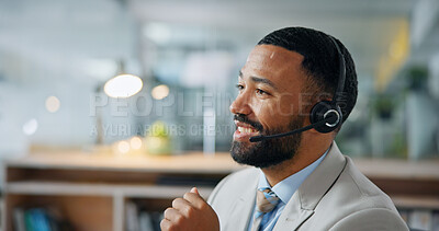 Buy stock photo Business, man and headset in office at call centre, customer service and advice for online query. Smile, agent and mic in workplace for consultation, client support and crm representative of telecom