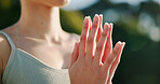 Yoga, prayer or hands outdoor with meditation, calm practice or mindfulness in wellness activity. Inner peace, mudra or woman in nature with namaste, zen or mindset improvement for holistic health.