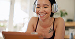 Laugh, headphones and woman in home on tablet for internet, watching videos and podcast on weekend. Happy, relax and person on digital tech for website, streaming and listening to audio for break