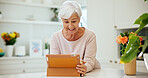 Tablet, reading and senior woman in home on website for ebook, online article and smile for story. Tech, retirement and happy person at apartment for paperless literature, browsing internet and info