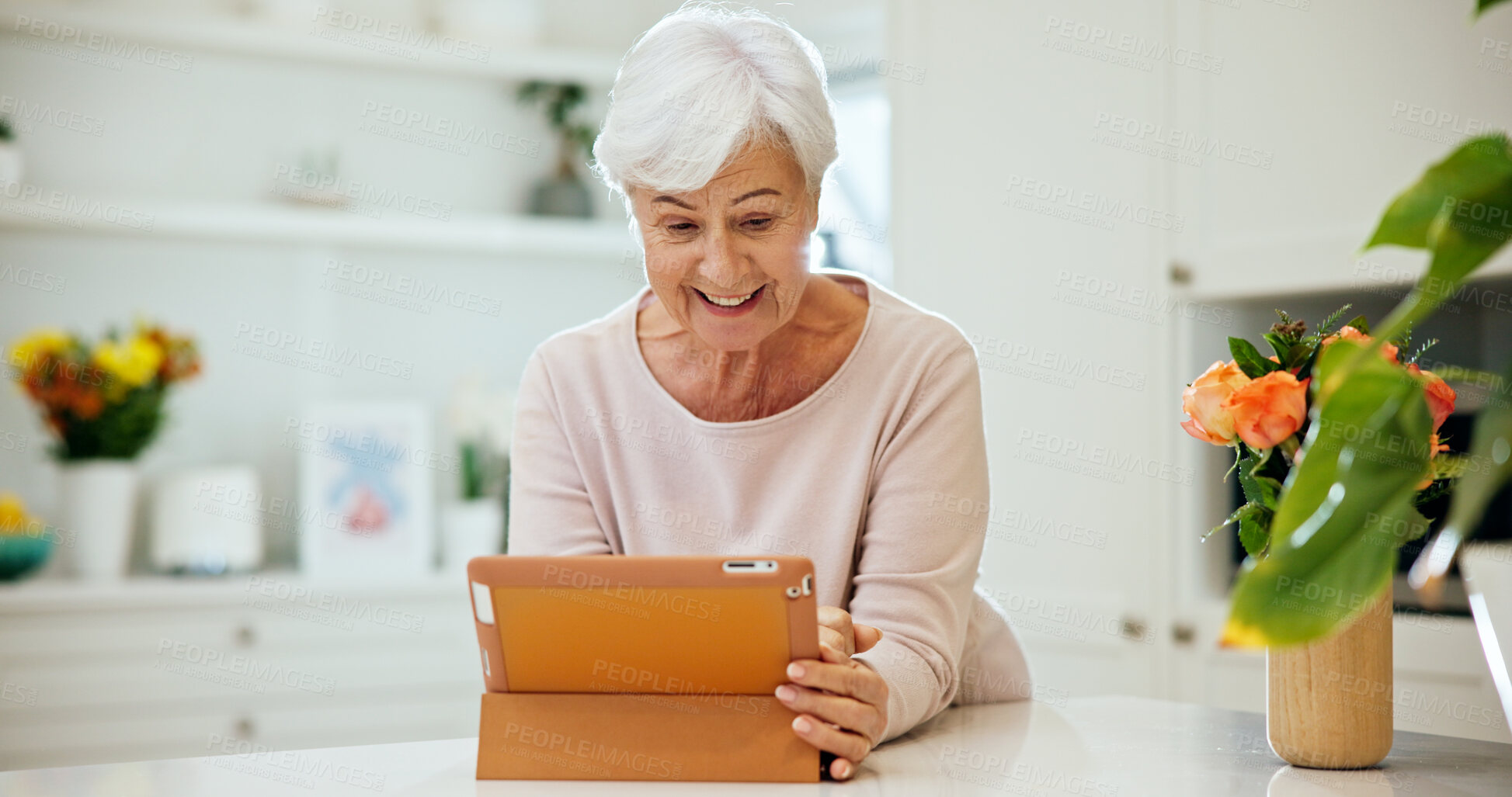 Buy stock photo Tablet, reading and senior woman in home on website for ebook, online article and smile for story. Tech, retirement and happy person at apartment for paperless literature, browsing internet and info