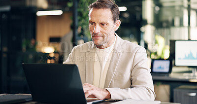 Buy stock photo Business, man and reading in office with laptop, research and data analysis for company revenue. Mature person, typing and graphs in workplace with pc, audit report and information for finance profit