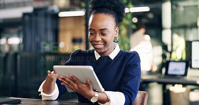 Buy stock photo Tablet, reading and black woman in office with statistics for finance report with stock market analysis. Digital technology, research and financial advisor on app for investment revenue in workplace.