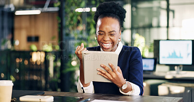 Buy stock photo Celebration, woman or excited with tablet in office for campaign success, creative win or metrics. Graphs, happy black person or fist pump with tech for KPI stats, revenue target or brand performance