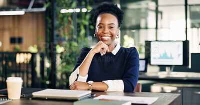 Buy stock photo Smile, professional and portrait of black woman in office with confidence for finance career. Happy, statistics and financial manager with pride for corporate about us in workplace in Nigeria.
