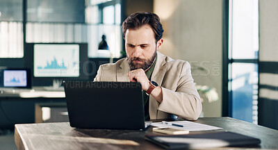 Buy stock photo Office, finance and business man on laptop for investment review, revenue analytics and budget planning. Reading, statistics and person on computer for financial proposal, online report and audit