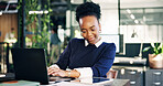 Laptop, tablet and happy woman in office for reading email, ESG report or typing for review. Tech, sustainability consultant and black person in workplace with smile, CSR feedback and business