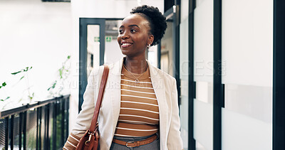 Buy stock photo Employee, arrival and businesswoman with smile in office, think and accountant with project decision. Happy, bookkeeper and black person with bag in morning, reflection and contemplating choice