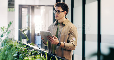 Buy stock photo Man, thinking and tablet in office with sustainable business, research or idea with ESG compliance. Person, agenda and online in eco friendly company with tech, review or audit for carbon footprint
