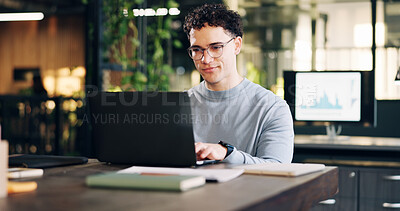 Buy stock photo Office, glasses and business man on laptop for financial review, data analytics and budget planning. Happy, typing and person on computer for finance proposal, online report and research for audit
