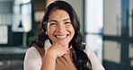 Happy, professional and portrait of businesswoman in office with confidence for finance career. Smile, positive attitude and Asian financial manager with pride for corporate about us in workplace.