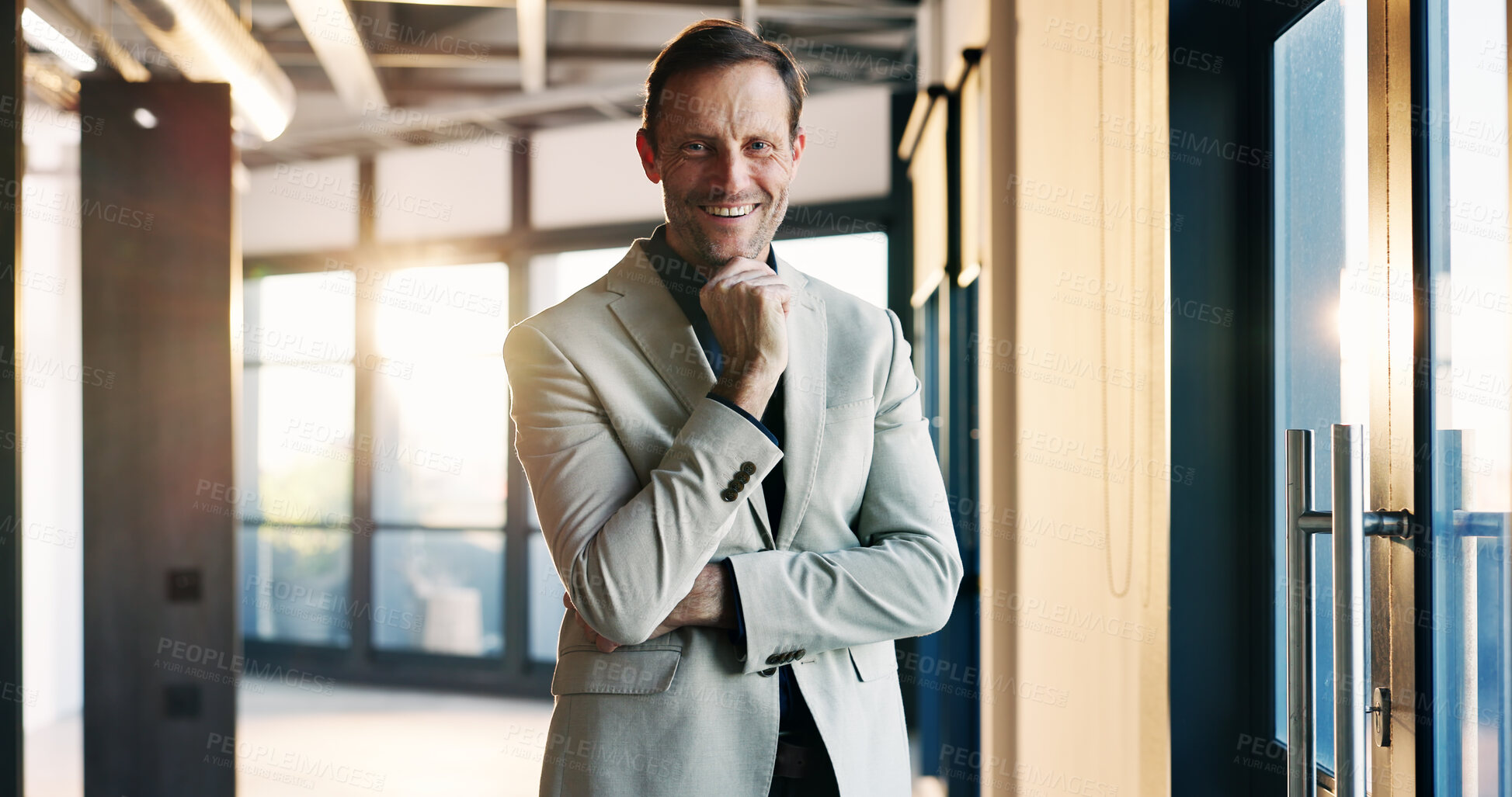 Buy stock photo Portrait, ambition and businessman with arms crossed, smile and real estate agent with career growth. Happy, realtor and person with confidence, investment opportunity and property listing in USA