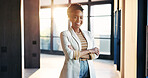 Happy, portrait and businesswoman with arms crossed in building, realtor and pride for career growth. Real estate agent, smile and black person with ambition, property investment and opportunity