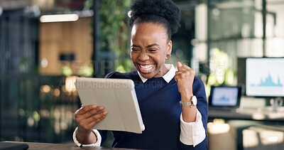 Buy stock photo Success, woman and excited with tablet in office for viral campaign, industry award or brand deal. Email, happy black person and fist pump at tech for creative win, marketing kpi or career milestone