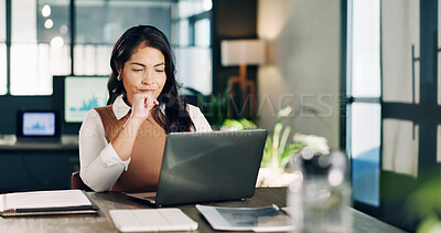 Buy stock photo Office, reading and business woman on laptop for financial review, data analytics or budget planning. Documents, graph and person on computer for finance proposal, online report or research for audit