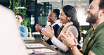 Smile, business and woman in meeting with applause, good news and achievement of workshop. People, clapping or presentation in office for well done, training success and celebration for company goals