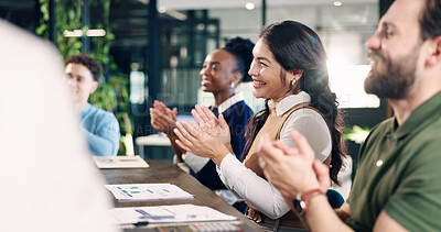 Buy stock photo Smile, business and woman in meeting with applause, good news and achievement of workshop. People, clapping or presentation in office for well done, training success and celebration for company goals