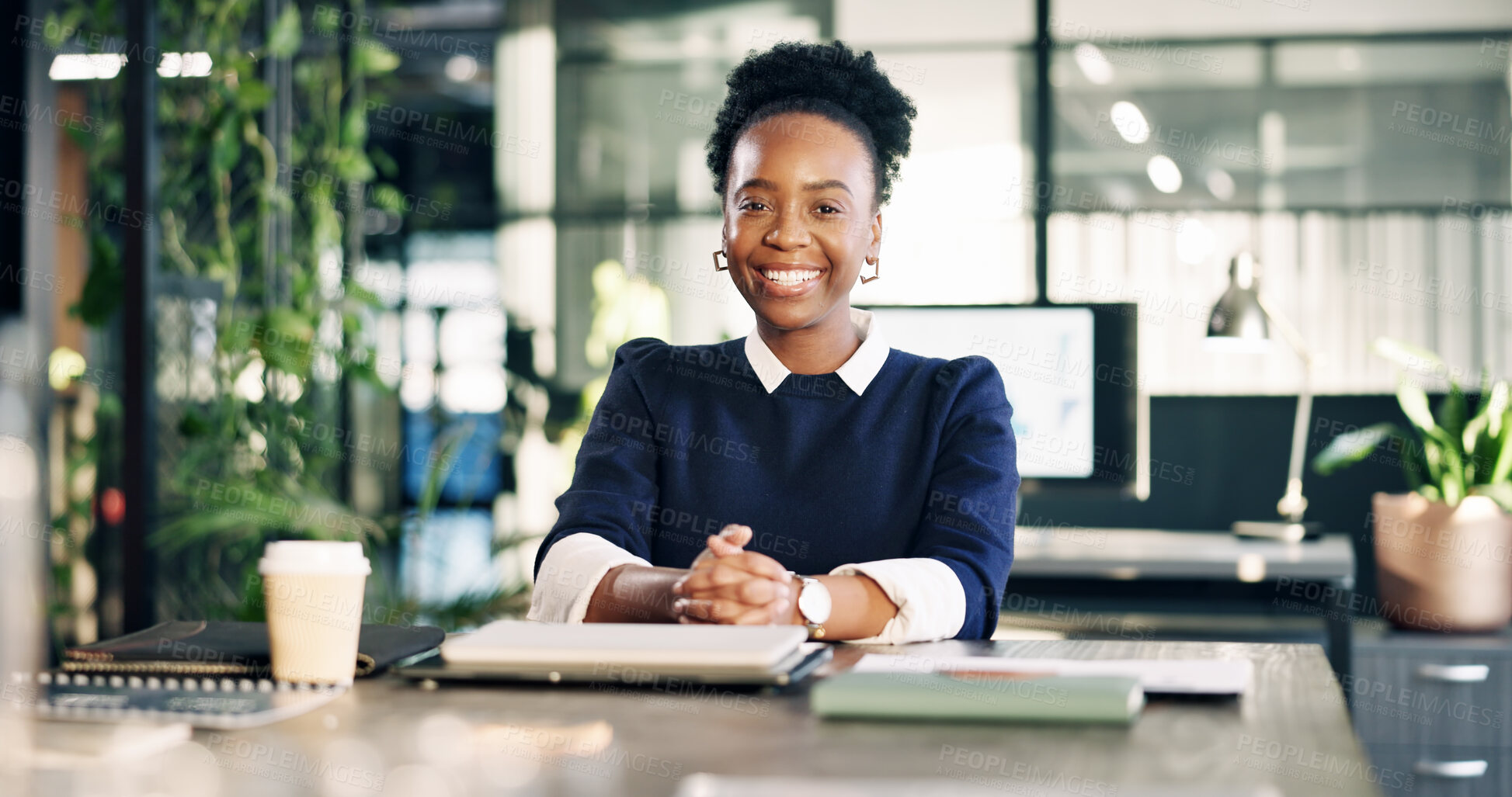 Buy stock photo Happy, professional and portrait of black woman in office with confidence for finance career. Smile, positive attitude and financial manager with pride for corporate about us in workplace in Nigeria.