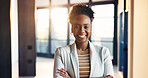 Portrait, smile and businesswoman with arms crossed in building, realtor and pride for career growth. Happy, real estate agent and black person with ambition, property investment and opportunity