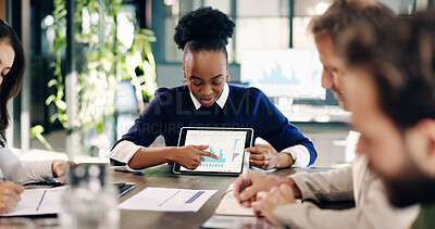 Buy stock photo Business, woman and graph in meeting with tablet screen, report and finance data for company revenue. People, reading and team in workplace with tech, audit stats and information for financial growth