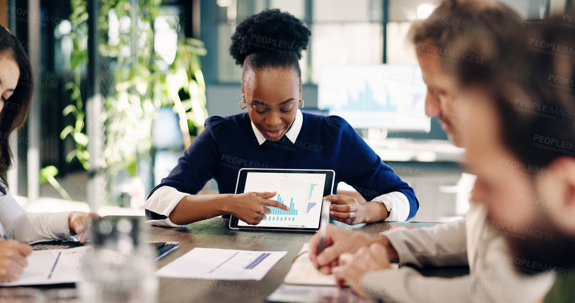 Buy stock photo Business, woman and graph in meeting with tablet screen, report and finance data for company revenue. People, reading and team in workplace with tech, audit stats and information for financial growth