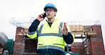 Civil engineer, phone call and man at construction site, talk and building development feedback. Mobile, male person or conversation for architecture project, progress update or communication outdoor