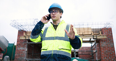 Buy stock photo Civil engineer, phone call and man at construction site, talk and building development feedback. Mobile, male person or conversation for architecture project, progress update or communication outdoor