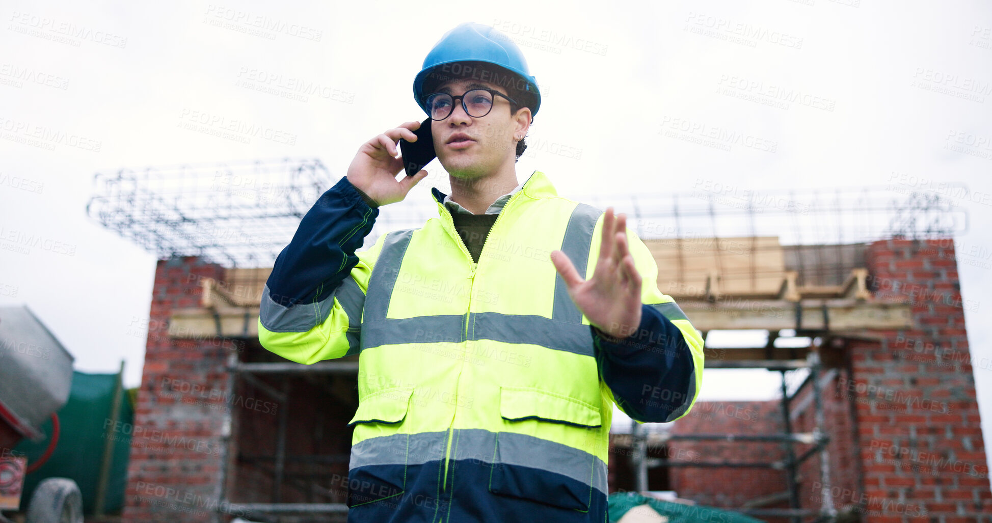 Buy stock photo Civil engineer, phone call and man at construction site, talk and building development feedback. Mobile, male person or conversation for architecture project, progress update or communication outdoor