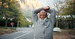 Retirement, stretching or black man with pain, fitness issue or joint health in wellness hobby. Arthritis, sore or senior person with warm up, muscle strain or injury prevention in outdoor activity.