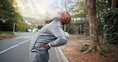 Buy stock photo Fitness, stretch or old man outdoor with back pain, spine issue or joint health in wellness hobby. Arthritis, sore or black person with warm up, muscle strain or injury prevention in senior activity.