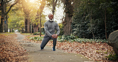 Buy stock photo Fitness, start or old man in park with stretch, leg mobility or injury prevention in retirement activity. Wellness, knee or black person with preparing, senior hobby or muscle improvement in warm up.