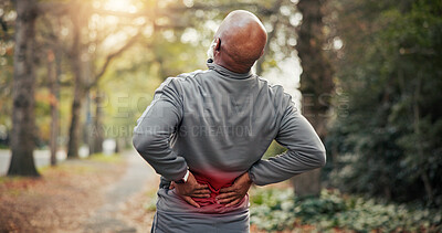 Buy stock photo Old man, stretching and back pain in nature for fitness, accident and sprain from exercise. Senior person, discomfort and red glow at park with joint inflammation, muscle injury and training burnout