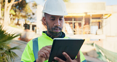 Buy stock photo Architect, online and man with tablet on construction site, project management and browsing research. Civil engineering, scroll and black person with technology, real estate and property development