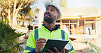 Architect, thinking and man with tablet on construction site, project management and design research. Happy, civil engineer and black person with technology, decision or plan for property development