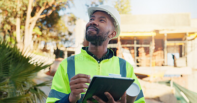 Buy stock photo Architect, thinking and man with tablet on construction site, project management and design research. Happy, civil engineer and black person with technology, decision or plan for property development