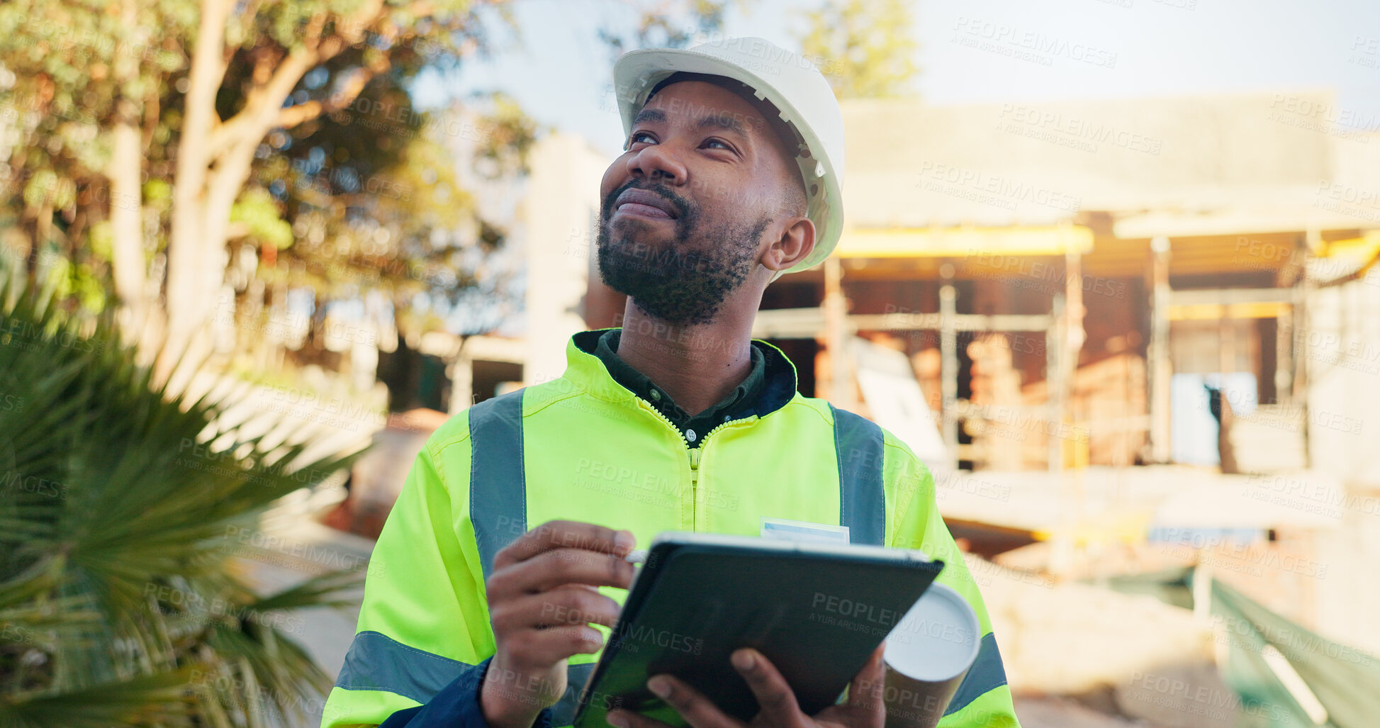 Buy stock photo Architect, thinking and man with tablet on construction site, project management and design research. Happy, civil engineer and black person with technology, decision or plan for property development