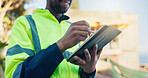 Architect, scroll and hands with tablet on construction site, project management and design research. Happy, civil engineer and person with technology, architecture and plan for property development