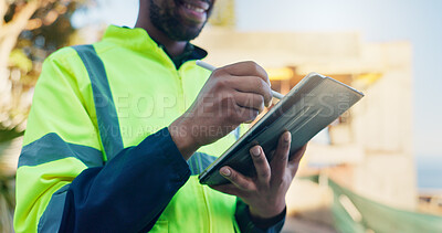 Buy stock photo Architect, scroll and hands with tablet on construction site, project management and design research. Happy, civil engineer and person with technology, architecture and plan for property development
