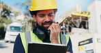 Construction, tablet and man on worksite with radio, task brief or inspection update with chat. Industrial, communication or engineer with tech, progress report or project coordination for feedback