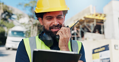 Buy stock photo Construction, tablet and man on worksite with radio, task brief or inspection update with chat. Industrial, communication or engineer with tech, progress report or project coordination for feedback