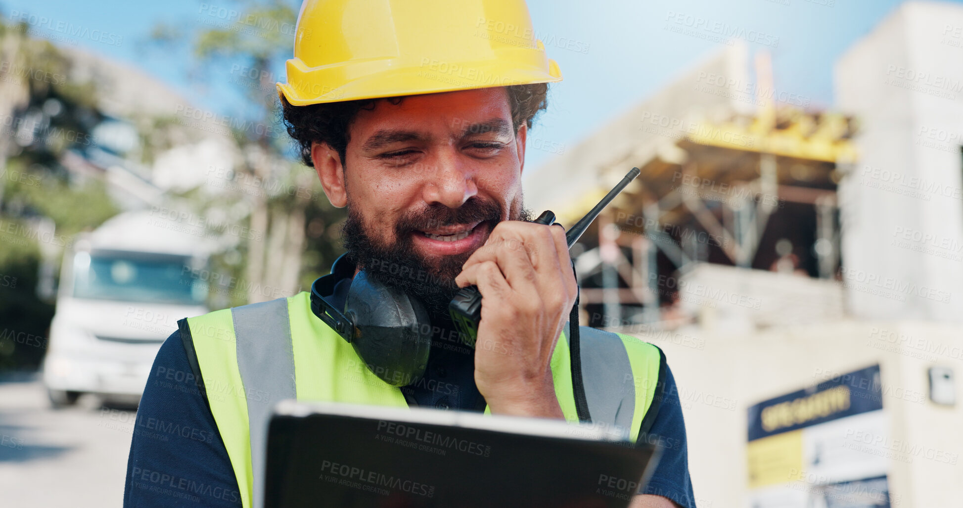 Buy stock photo Construction, tablet and man on worksite with radio, task brief or inspection update with chat. Industrial, communication or engineer with tech, progress report or project coordination for feedback