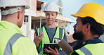 Construction, talking and woman with people on tablet for planning, renovation and building project. Architecture, team and workers with tech for remodeling, property development and infrastructure