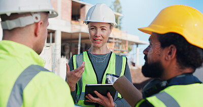 Buy stock photo Construction, talking and woman with people on tablet for planning, renovation and building project. Architecture, team and workers with tech for remodeling, property development and infrastructure