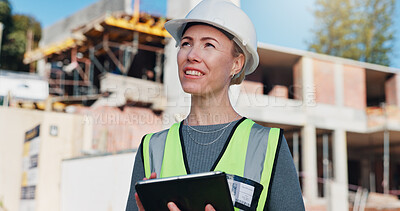 Buy stock photo Civil engineer, thinking and woman with tablet on construction site, project management and research. Happy, architect and person with technology, reflection and planning for property development