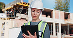 Architect, reading and woman with tablet on construction site, project management or design research. Civil engineer, online and person with technology, architecture and plan for property development