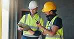 Construction, radio and men with clipboard on site for building progress, compliance or feedback. Team, architect or project manager with checklist for drywall safety, renovation update or inspection