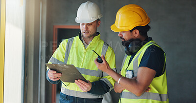 Buy stock photo Construction, radio and men with clipboard on site for building progress, compliance or feedback. Team, architect or project manager with checklist for drywall safety, renovation update or inspection
