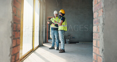Buy stock photo Construction, clipboard or men with site inspection for building progress, compliance or update. Team, architect or foreman with checklist for window safety, aluminium frame or renovation evaluation