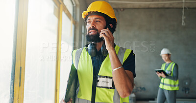 Buy stock photo Construction, phone call and man in building for contact, project update and talking to contractor. Engineering, supervisor and person on cellphone for communication, planning and renovation progress